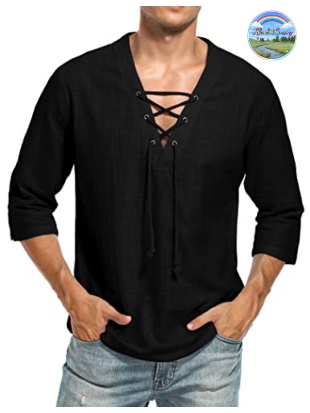 Men's Cotton Linen Lace Up V Neck Short Sleeve Hippie Beach Tee Shirt